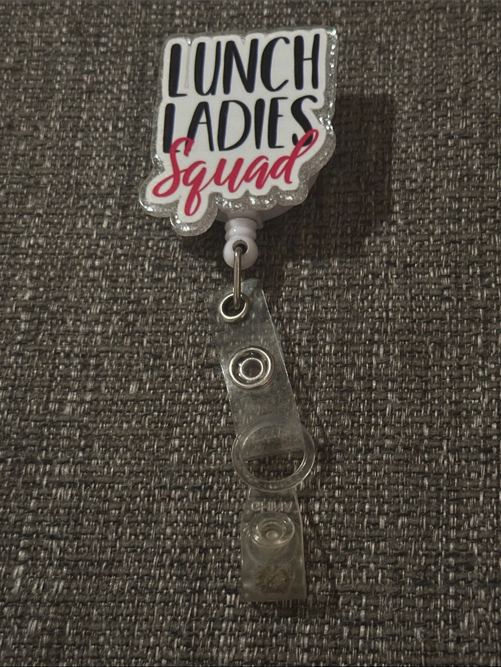 Hand Crafted Lunch Ladies Squad Badge Reel in White and Pink